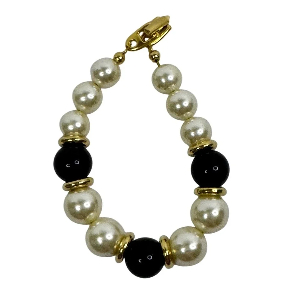 Napier Vintage Faux Pearl Black‎ Bead Bracelet Gold Tone Y2K Chunky Statement